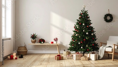 明るいリビングに飾られたクリスマスツリーと赤いリボンのプレゼント、キャンドルや木製家具を配置した冬のクリスマスインテリアとホリデーシーズンの背景