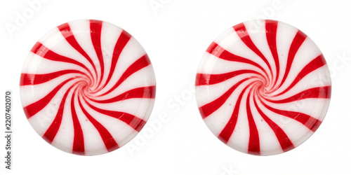 Obraz na plátně Top view of a round peppermint swirl candy with bright red spiral stripes shown