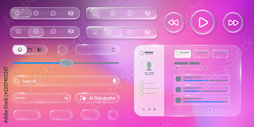 Realistic liquid glass UI elements set with search bar and buttons isolated on transparent background. Modern minimalist design for user interface and website. Vector illustration