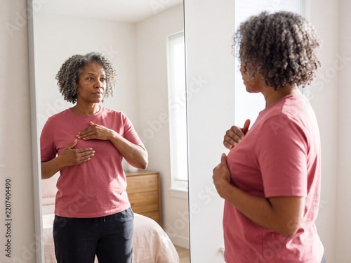 Woman Checking Her Breasts in Mirror: A thoughtful woman stands before a mirror, performing a breast self-examination, promoting health awareness and self-care.