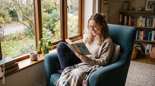 Young woman reading a book in a cozy armchair by the window with a mug of coffee