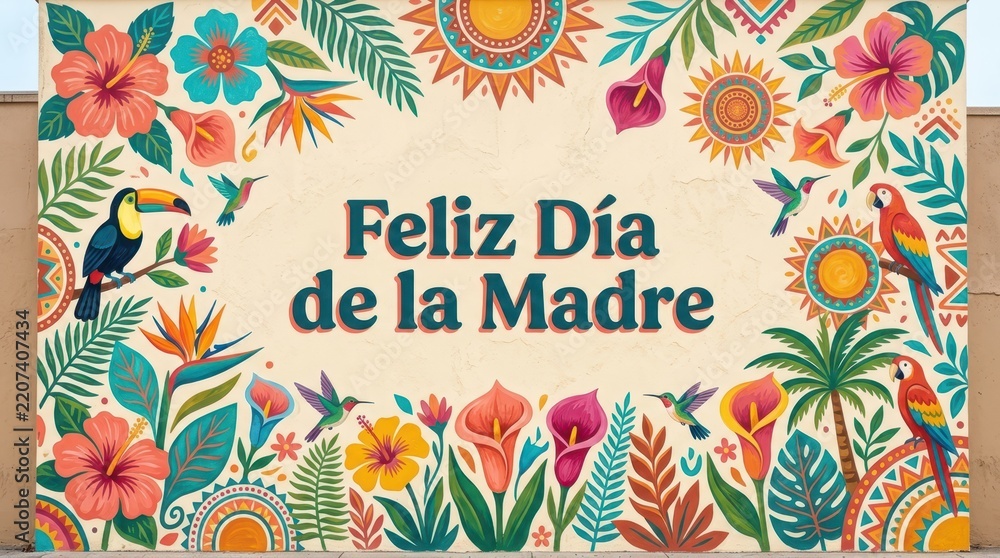 Obraz premium Mexican folk art mural design celebrating Feliz dia de la madre with tropical flowers, hummingbirds, toucans, parrots, suns, and vibrant botanical frame