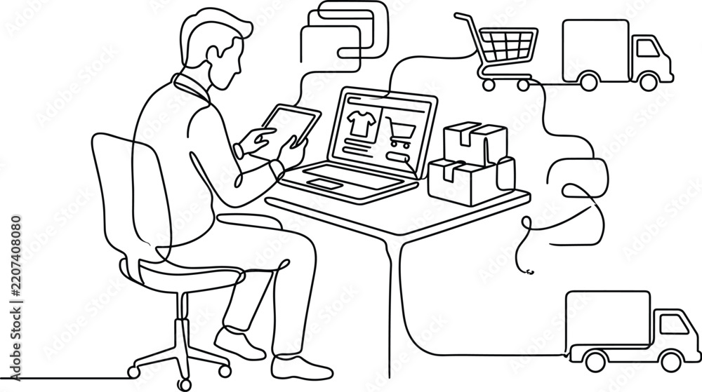 Fototapeta premium Man using tablet and laptop for online shopping connected to delivery trucks
