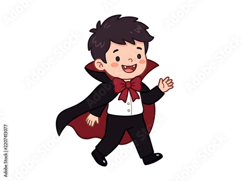 Cute Halloween kids costume vector, adorable child dressed as a tiny vampire, black cape, red bow tie, small fangs, friendly smiling expression, simple flat vector illustration, 