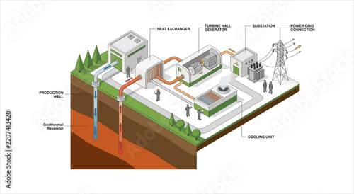 Geothermal Power Plant Diagram Illustrating Energy Production Process.