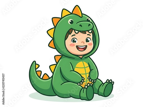 Simple Halloween kids costume vector illustration, cute child wearing a friendly dinosaur costume, green hood with dinosaur spikes, rounded body, happy smiling face, clean bold outlines, 