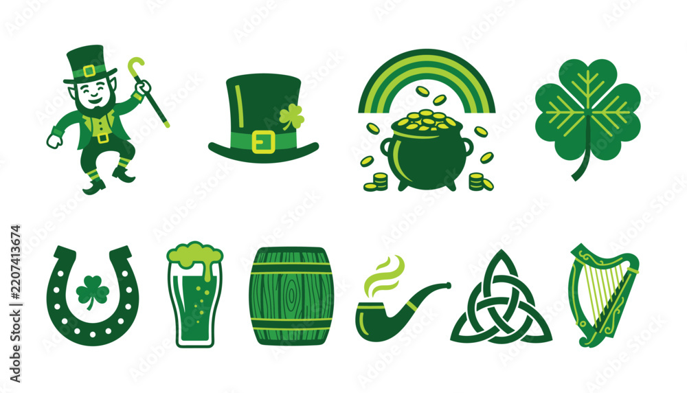 Obraz premium Saint Patricks Day Vector Icon Set with Leprechaun Clover Pot of Gold Horseshoe Green Beer and Celtic Knot for Irish Holiday Design