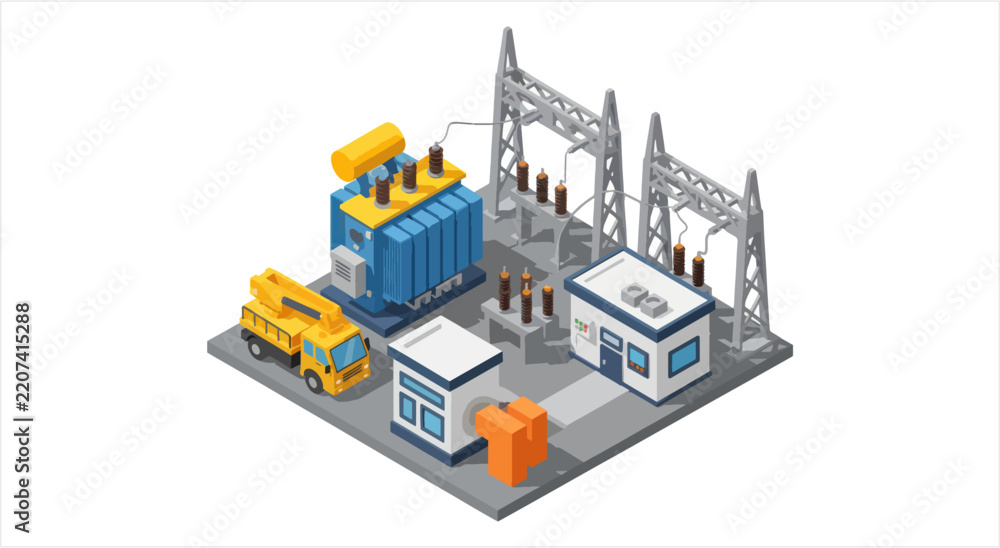 Obraz premium Isometric Electrical Substation Power Generation Equipment and Infrastructure.