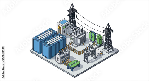 Isometric Electrical Substation Power Distribution Station Illustration.