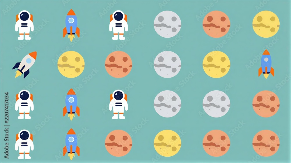 Obraz premium Astronauts, rockets, and planets in a colorful space-themed grid.