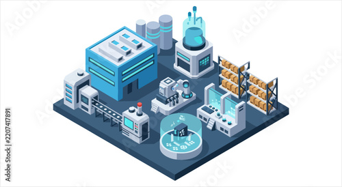 Modern Industrial Factory and Laboratory Complex Isometric View.