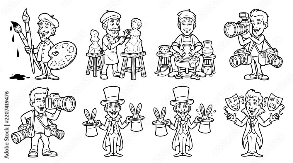 Obraz premium Artist Photographer Magician and Actor Cartoon Character Vector Line Art Collection Set