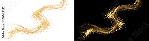 Golden glitter dust swirls in a flowing magical trail of sparkling particles in PNG, Transparent and Black Background Versions for luxury design