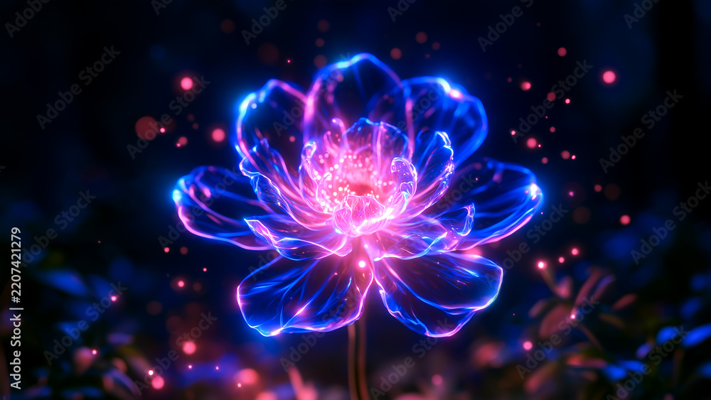Fototapeta premium Mystical Bloom of Light: A surreal, bioluminescent flower pulsates with vibrant neon blues and pinks against a dark, magical background, exuding an ethereal glow.
