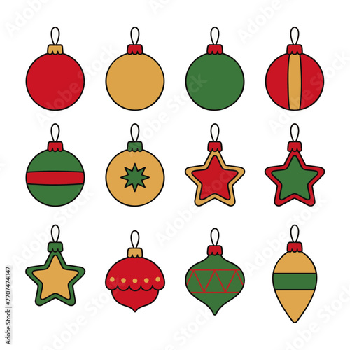 Christmas Tree Baubles Ornaments Flat Vector Illustration Set