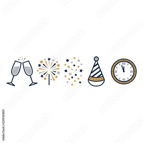 New Year Party Objects Flat Vector Icon Set
