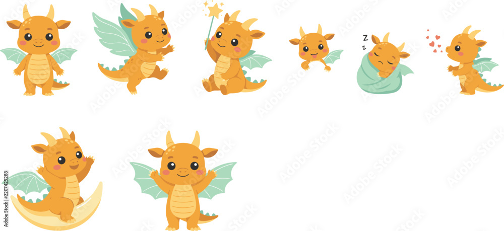 Obraz premium Cute Baby Dragon Character Set with Mythical Orange Monster Mascot in Various Poses for Kids Fantasy Books, Patterns, and Nursery Vector Designs