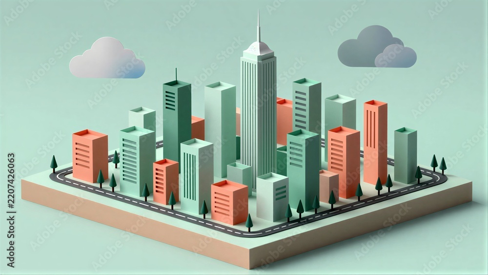 Fototapeta premium Paper-cut cityscape with colorful buildings, trees, and clouds on a book-like base.