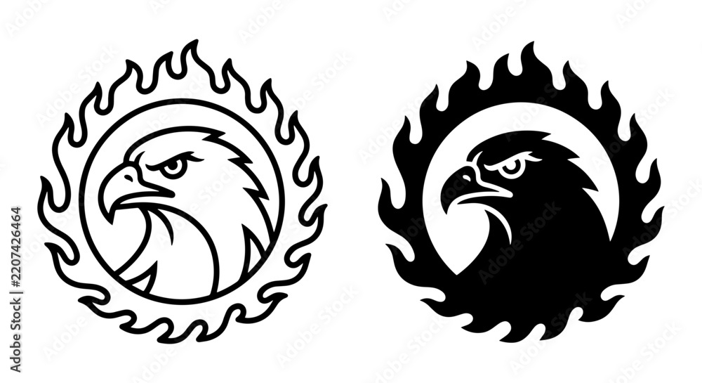 Fototapeta premium Fiery Eagle Head Emblems, Bold Bird of Prey Icons, Powerful Wildlife Graphics