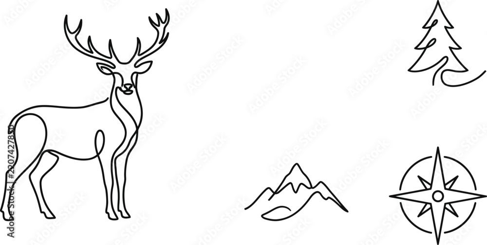 Obraz premium Minimalist single line drawing wildlife collection with abstract wilderness landscape symbols contour sketch graphics for masculine apparel and wall decor prints