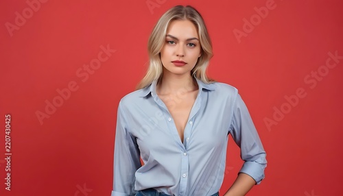Portrait of a Confident Blonde Woman in a Blue Shirt.