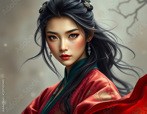 Portrait of a Graceful Woman in Red Traditional Attire Amid Soft Wind.