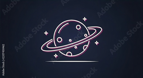 Simple neon line art of a ringed planet illustration.