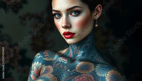 Portrait of a Tattooed Fashion Model with Floral Body Art.
