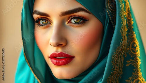 Portrait of a Woman Wearing Turquoise Headscarf with Red Lips.
