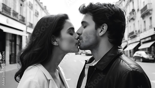 Romantic City Kiss Between Couple in Evening Streets.