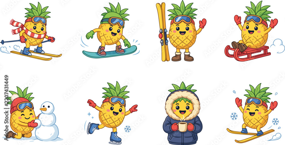 Obraz premium Cute Cartoon Pineapple Character Set with Winter Sports Activities Skiing Snowboarding and Ice Skating for Kids Vector Graphic Illustration