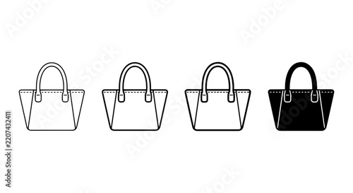 Set of Four Tote Bags, Simple Vector Icons for Fashion and Shopping, Black and White Styles