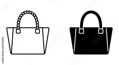 Two Tote Bags, Outline and Solid Black Vector Icons, Shopping Accessories