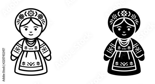 Folk Art Doll Icon, Traditional Costume Vector, Ethnic Woman Symbol, Cultural Heritage Graphic