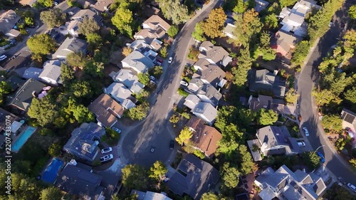 aerial view of a middle class American  residential houses neighborhood in a city suburbs. suburbia