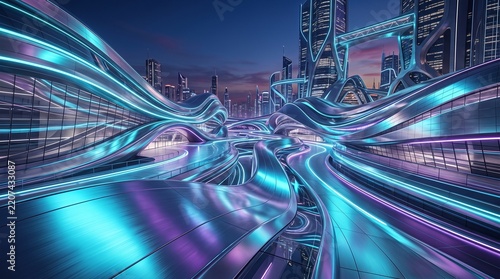 Futuristic Cityscape with Neon Lights and Sleek Architecture at Dusk