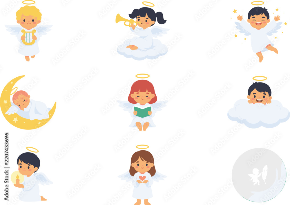 Obraz premium Cute Cartoon Little Angel Character Set with Cherubs Playing Instruments, Reading, and Sleeping on Clouds for Christmas and Religious Card Designs