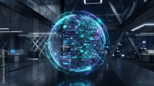 Global Digital Network Hologram Floating in Modern Office Space with Cityscape Background