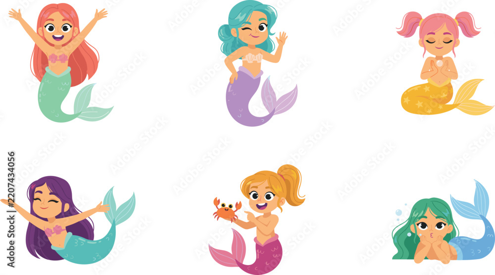 Obraz premium Cute Cartoon Little Mermaid Character Vector Set Featuring Colorful Hair Mythical Sea Creatures and Underwater Princess Graphics for Children Designs