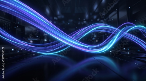 Abstract Blue and Purple Light Trails Flowing Through Futuristic Digital Network Server Room