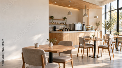 Minimal Empty Cafe Interior with Morning Window Light