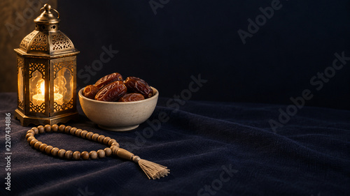 Prayer Beads Lantern and Dates on Ramadan Table
