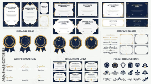 Set of certificates, awards, and decorative elements. Isolated on transparent background.