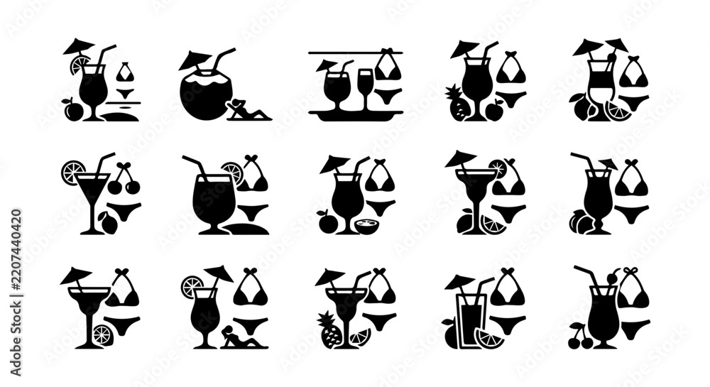Fototapeta premium Summer Beach Icons, Tropical Drinks & Swimwear Vector Set: 15 Elements for Vacation Graphics