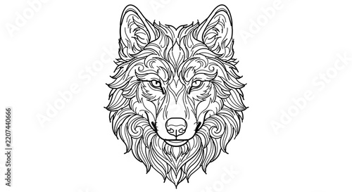 Intricate Wolf Face Line Drawing with Ornamental Floral Patterns