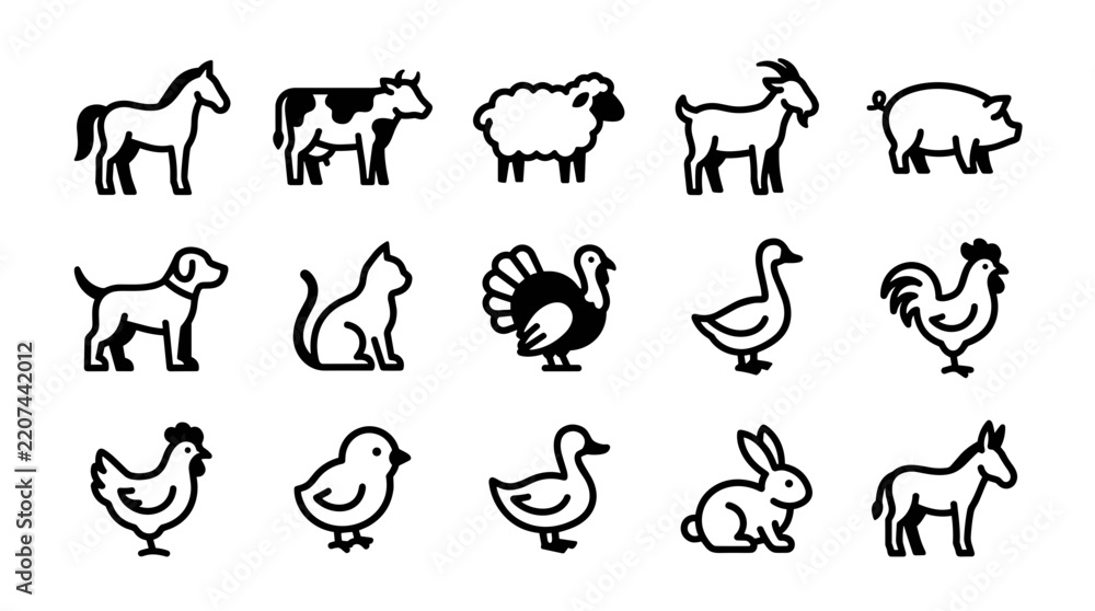 Fototapeta premium A collection of stylized black and white icons representing various farm animals, including a horse, cow, sheep, goat, pig, dog, cat, turkey, duck, rooster, chicken, chick, and donkey.
