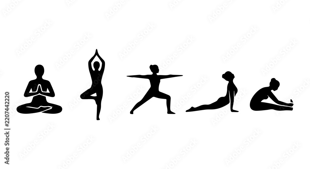 Fototapeta premium Yoga Poses Silhouettes, Meditation & Fitness Icons, Wellness & Health Vector Set