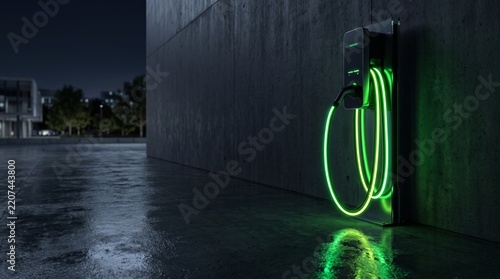 Electric vehicle charging cable beside a modern charging station illuminated with acid green neon, futuristic sustainable mobility infrastructure with empty space