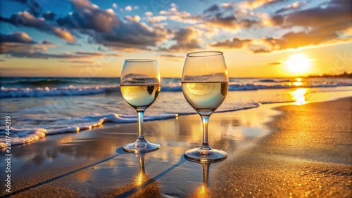 White wine glasses on sandy beach reflecting sunset create a serene and idyllic scene of ultimate relaxation blissfully
