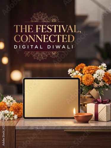 Diwali Tablet computer with blank golden screen next to lit oil lamp and gift box on a wooden table with digital tablet